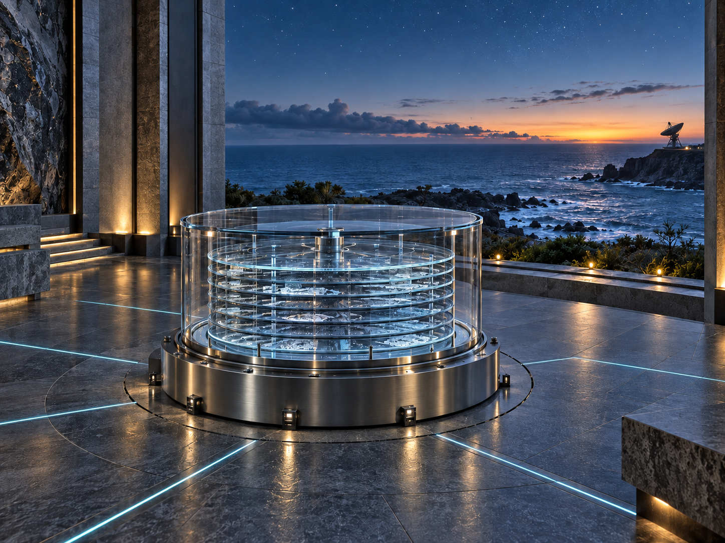 An illuminated archive vault anchored in a coastal observatory on Earth, with a dormant radio dish on the headland.