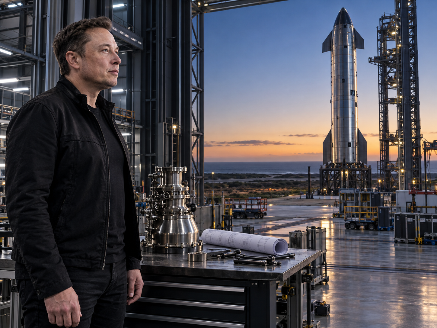 X stands at a workbench inside an Earth-based spacecraft hangar, looking toward Starship beyond the open doors.