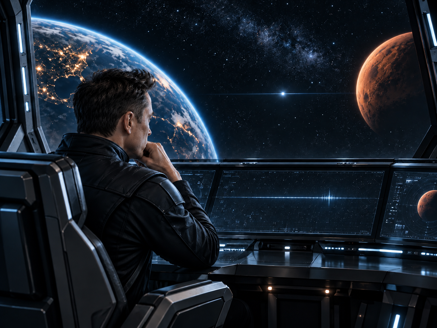 X watching Earth and a distant red planet through a spacecraft window.